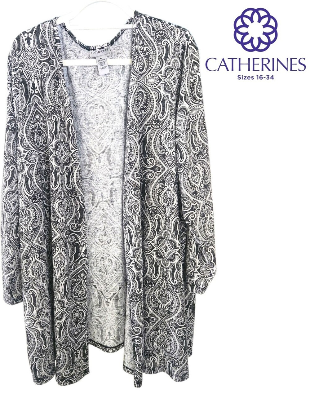 CATHERINES Lightweight Gray/White Paisley-Print Open Front Long-Slv Cardigan 3X